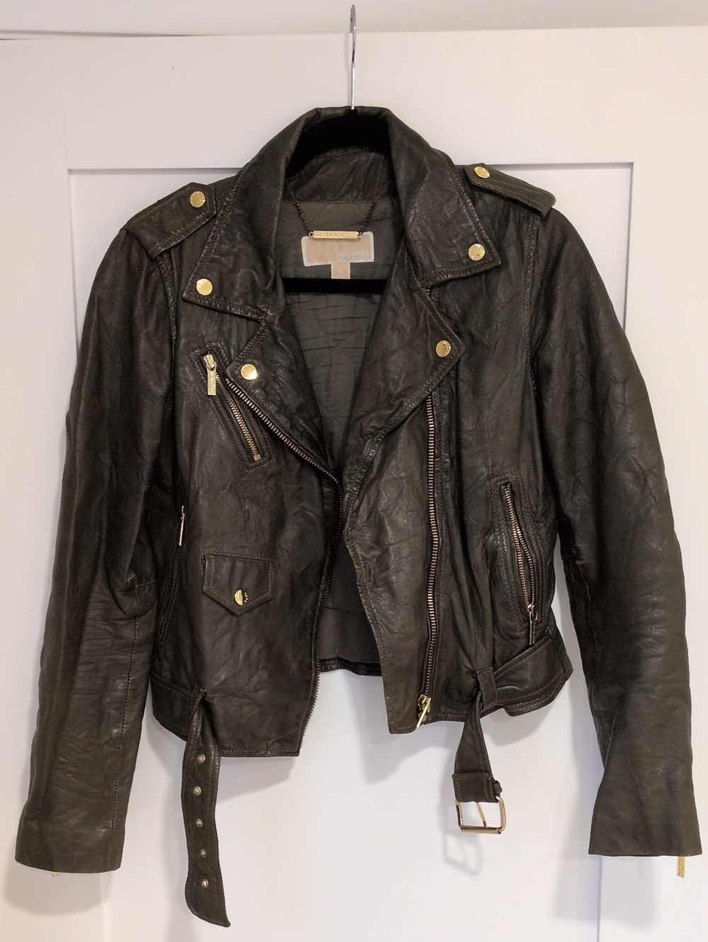 Michael By Michael Kors Dark Green Leather Moto Jacket with Gold Hardware